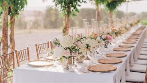 Elegant outdoor event table setting by Tiffany Siegel featuring a long dining table adorned with fresh white flowers, crystal glassware, and gold-rimmed chargers, showcasing a blend of natural beauty and sophisticated design.