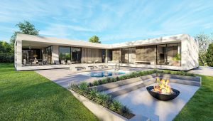 Modern single-story home with a sunken fire pit courtyard and pool